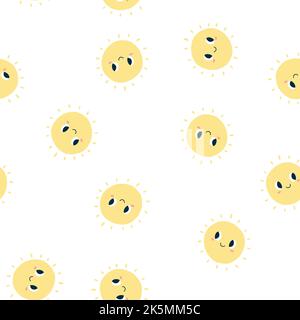 Nahtloses Muster mit lächelnder Kawaii-Sonne. Vektor handgezeichnete Textur für Geschenkpapier, Stoffdruck, Kindertextilien, Cover, Kartendesign. Stock Vektor