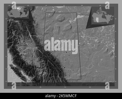 Alberta, Provinz Kanada. Bilevel-Höhenkarte mit Seen und Flüssen. Standorte der wichtigsten Städte der Region. Karten für zusätzliche Eckposition Stockfoto