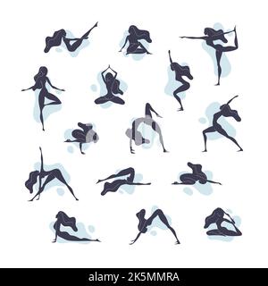 Vector Icon Set von weiblichen Silhouette Yoga-Posen und Asanas. Flaches und schlichtes Design verschiedener Posen wie Lotus, Hund, Kobra, Taube, Tänzerin, Stock Vektor