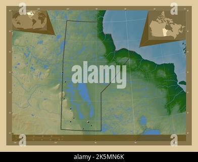 Manitoba, Provinz Kanada. Farbige Höhenkarte mit Seen und Flüssen. Standorte der wichtigsten Städte der Region. Karten für zusätzliche Eckposition Stockfoto