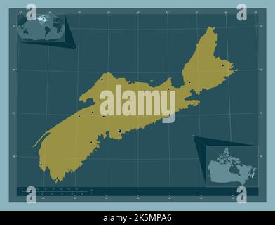 Nova Scotia, Provinz Kanada. Einfarbige Form. Standorte der wichtigsten Städte der Region. Karten für zusätzliche Eckposition Stockfoto
