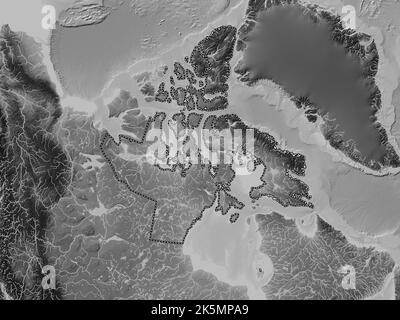 Nunavut, Territorium von Kanada. Höhenkarte in Graustufen mit Seen und Flüssen Stockfoto