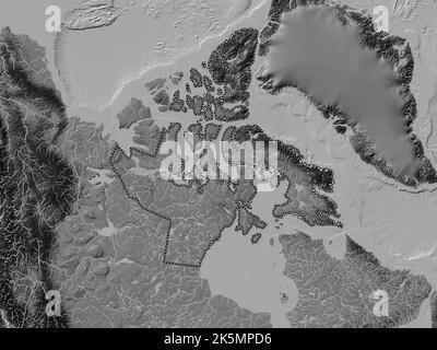 Nunavut, Territorium von Kanada. Bilevel-Höhenkarte mit Seen und Flüssen Stockfoto