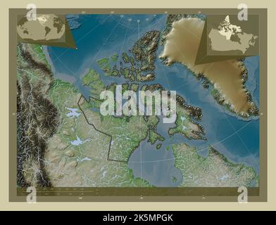 Nunavut, Territorium von Kanada. Höhenkarte im Wiki-Stil mit Seen und Flüssen. Karten für zusätzliche Eckposition Stockfoto