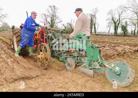 Zwei Bauern ändern die Einstellungen für einen Oldtimer-Pflug, der an einem alten Massey Ferguson-Traktor befestigt ist, Nordirland, Vereinigtes Königreich, Vereinigtes Königreich Stockfoto