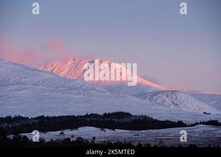 Wunderschöne Alpen Glow treffen Berggipfel in den schottischen Highlands während des atemberaubenden Sonnenaufgangs in der Winterlandschaft Stockfoto