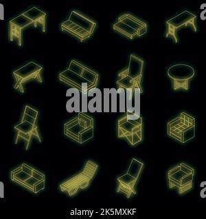 Faltbare Möbel Ikonen gesetzt. Isometrischer Satz von faltbaren Möbeln Vektor-Icons Neonfarbe auf schwarz Stock Vektor
