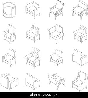 Sessel Icons Set. Isometrischer Satz von Stuhl Vektor-Icons umreißen dünne lne isoliert auf weiß Stock Vektor
