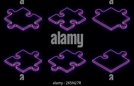 Puzzle-Symbole gesetzt. Isometrischer Satz von Puzzle-Vektor-Symbolen Neonfarbe auf Schwarz Stock Vektor
