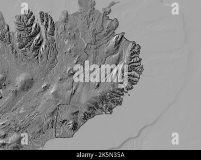 Austurland, Region Island. Bilevel-Höhenkarte mit Seen und Flüssen Stockfoto