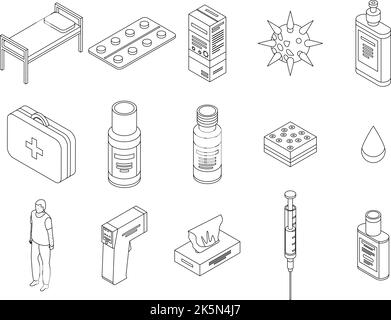 Symbole für Windpocken eingestellt. Isometrisches Set von Pocken-Vektor-Symbolen umreißt dünne lne isoliert auf Weiß Stock Vektor