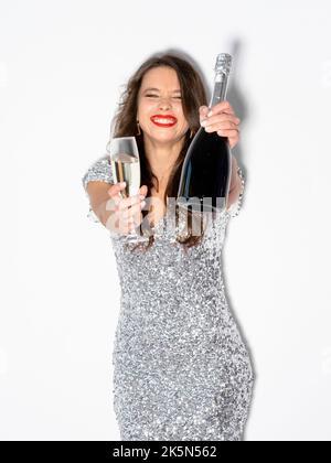 weihnachten Gratzen aufgeregt Frau Party Toast Stockfoto