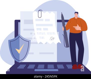 Digitales Dokument, Vertrag oder Rechnung Mann Unterzeichnung. Rechtliche Online-Signatur, Sicherheits-Selbstdaten. Geschäftsvereinbarung im Internet, Vektor neue Technologien Stock Vektor