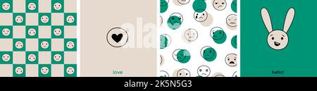 Lustige emotionale Gesichter nahtlose Muster. Niedliche Hase Gesichtskarte, Liebe Postkarte mit Herz. Trendiger abstrakter Retro-Groovy-Hintergrund, 60s 70s trippy Style Stock Vektor