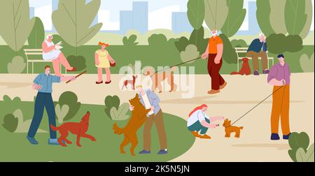 Besitzer Wanderhunde im grünen Park. Glückliche Männer und Frauen spielen und trainieren Hund. Gesunder Lebensstil, aktive Zeit im Freien. Vektorgrafik mit Haustieren auf Stock Vektor