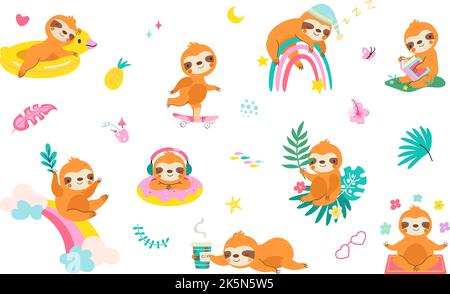 Lustige Faultiere schwimmen und schlafen. Niedliche Cartoon Faultiere, wilde exotische Tier entspannen und lesen. Jungle Tiere für Kinder und Baby, nowaday Vektor Stock Vektor