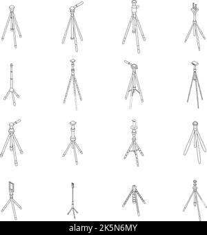 Stativsymbole eingestellt. Isometrischer Satz von Stativ-Vektor-Symbolen umreißt dünne lne isoliert auf Weiß Stock Vektor