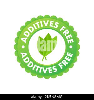 Grünes, additives freies Etikett auf weißem Hintergrund. Natürliche Bio-Ernährung. Zeichen verboten Stock Vektor