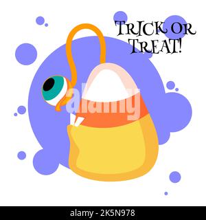 Trick or Treat Grußkarte für halloween. Bonbon Hühneraugen Cartoon Emoji. Süße Emotionen glücklich. Süßigkeiten für Halloween Stock Vektor