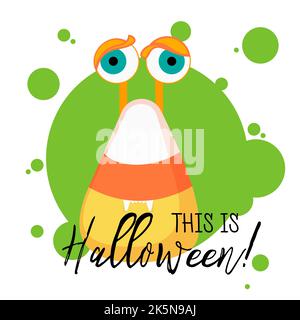 Candy Mais Set mit lustigen Gesichtern. Frohe Halloween. Niedliche Cartoon kawaii Baby Charakter. Gestreifte Dreiecks-Süßspeisen. Grußkarte. Flaches Design. Schwarz Stock Vektor