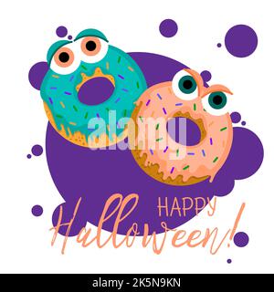 Flache Vektor-Illustration von niedlichen halloween-Donut. Monster Donuts mit großen Augen isoliert auf Hintergrund. Frohe halloween Grußkarte. Stock Vektor