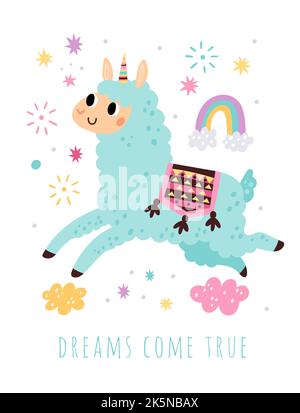 Niedliche Llama Grußkarte. Lustige kleine Alpaka springen mit Wolken und Regenbogen. Motivationsschrift. Peru Tier entspannen am Himmel. Glückliches Einhorn Stock Vektor