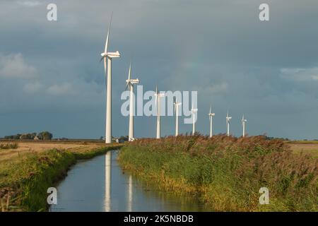 Eine Reihe von Windkraftanlagen auf landwirtschaftlichem Gelände in der Nähe der Küste. Niederlande. 2022 Stockfoto