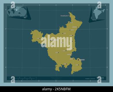 Haryana, Bundesstaat Indien. Einfarbige Form. Orte und Namen der wichtigsten Städte der Region. Karten für zusätzliche Eckposition Stockfoto