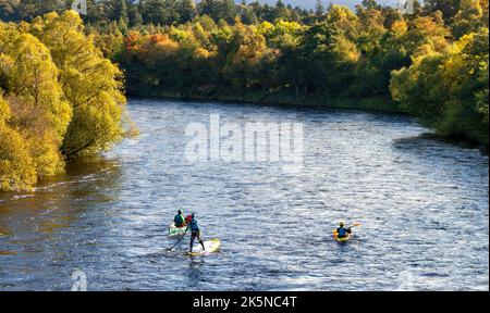 RIVER SPEY SCOTLAND EIN SONNIGER HERBSTTAG MIT KAYAK KANU-PADDLE-BOARD UND BUNTEN BLÄTTERN AUF DEN BÄUMEN Stockfoto