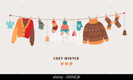 Gemütliches Winterbanner mit gestrickten warmen Pullovern am Seil. Saisonale Kleidung und Accessoires, Socken und Fäustlinge, weihnachtsspielzeug. Niedliche warmy Vektor-Elemente Stock Vektor