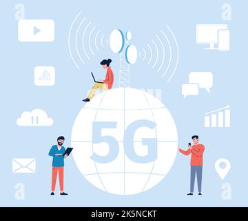 5G Netzwerkverbindungskonzept. Menschen und intelligente Telekommunikation, moderne Telekommunikationstechnologie. Wireless Internet, neuer Business Person Arbeit Vektor Stock Vektor