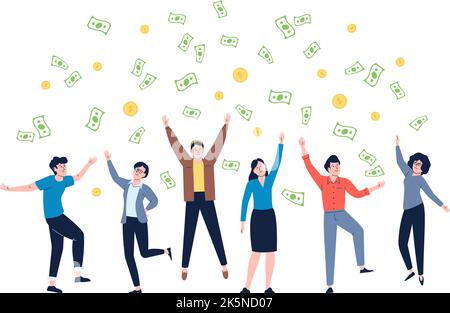 Team feiert Sieg unter Geld regen. Freudige Geschäftseinheit, glückliche Gewinner-Gruppe. Feiern Corporate gewinnen, fallenden Münzen jüngsten Vektor Stock Vektor