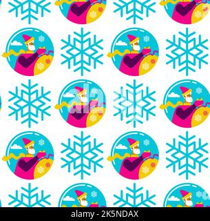 Nahtloses neues Jahr Muster aus Santa mit Geschenken und Schneeflocke, Urlaub Vektor weihnachten Clipart, moderne Tech flache Stil Illustration Stock Vektor