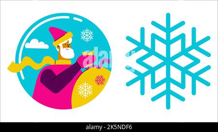 Weihnachtsmann und Schneeflocke, Urlaub Vektor weihnachten Cliparts, moderne Tech flache Stil Illustration Stock Vektor