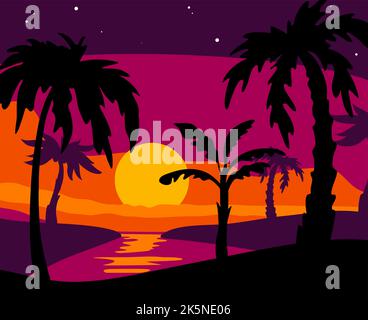 Palm Silhouetten Hintergrund. Strand tropische Bäume, Meer Abend, schwarze Pflanzen, Sommer Sonnenuntergang, verschiedene Blätter Formen, Urlaub auf exotischen Inseln Stock Vektor