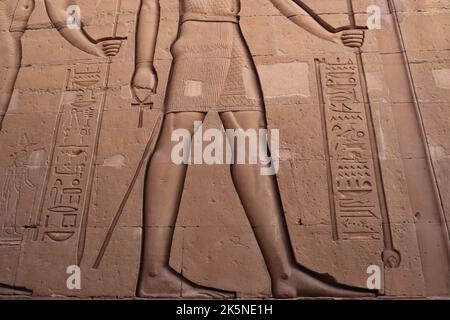 Pharaonische Figuren und Hieroglyphen, die an den Wänden des Kom Ombo-Tempels geschnitzt wurden Stockfoto