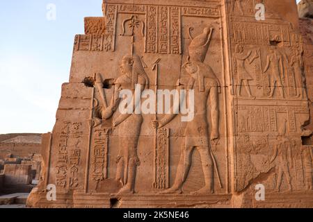 Pharaonische Figuren und Hieroglyphen, die an den Wänden des Kom Ombo-Tempels geschnitzt wurden Stockfoto