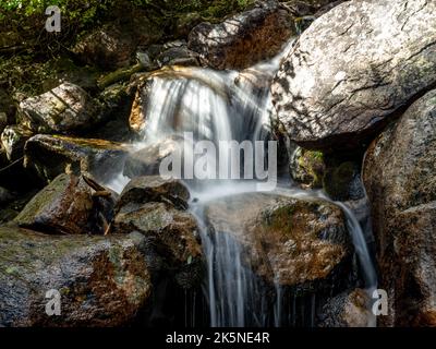 Wafer Kaskaden über Felsen bilden einen kleinen Wasserfall Stockfoto