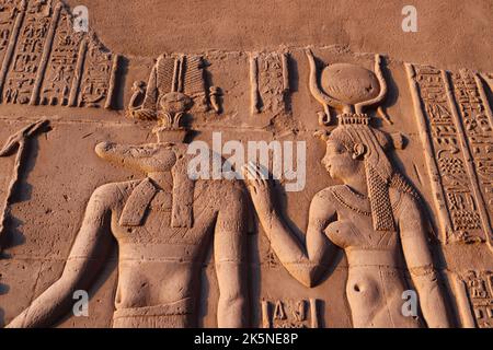 Pharaonische Figuren und Hieroglyphen, die an den Wänden des Kom Ombo-Tempels geschnitzt wurden Stockfoto