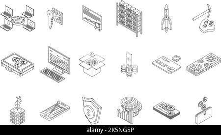 Symbole für Kryptowährungen gesetzt. Isometrischer Satz von Vektor-Symbolen für Kryptowährungen umreißt dünne lne, isoliert auf Weiß Stock Vektor