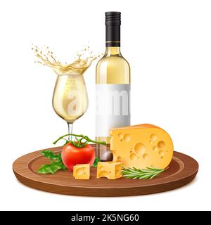 Realistischer Weißwein und Käse. Zusammensetzung der Produkte, Alkoholflasche auf Holzschneidebrett, Gemüse und Gemüse, Essen und Trinken, 3D Stock Vektor