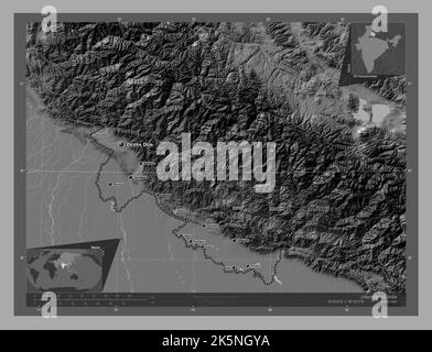 Uttarakhand, Bundesstaat Indien. Bilevel-Höhenkarte mit Seen und Flüssen. Orte und Namen der wichtigsten Städte der Region. Zusätzliche Position der Ecke Stockfoto