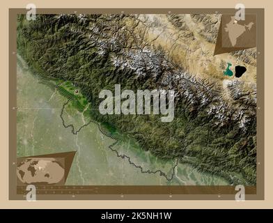 Uttarakhand, Bundesstaat Indien. Satellitenkarte mit niedriger Auflösung. Karten für zusätzliche Eckposition Stockfoto