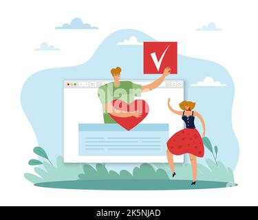 Verifizierte Identität, Genehmigungskontrolle und positiver Autorisierungsprozess. Browser oder Social-Media-Seite mit genehmigter Zeichen- und Herzensbestätigung, Profilvalidierung Stock Vektor