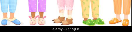 Beine in Pantoffeln. Kinder Füße tragen Cartoon Tier Slipper, Pyjama Party Tuch, flauschige Komfort Hause Schuhe Haus Schlafzimmer Paar Schuhe Schlaf Stil Kleidung, ordentlich Vektor-Illustration, Home Fuß Schuhe Set Stock Vektor