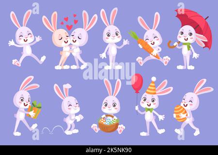 Cartoon-Hasen mit Karotte. Niedliche Hasenfiguren entzückend lustig Liebe Paar Kaninchen Baby Hase Aufkleber Sammlung für Geburtstag oder ostern Geschenk, geniale Tier Vektor Illustration. Kaninchen und Hase Stock Vektor