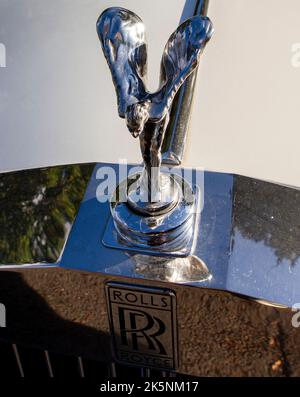 The Spirit of Ecstasy, das Maskottchen der Rolls-Royce-Motorhaube, das Lord Montagu 1909 in Auftrag gab und von Charles Sykes entworfen wurde Stockfoto