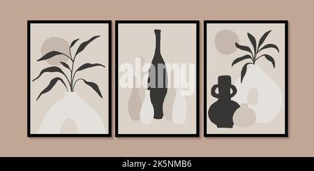 Abstrakte minimalistische botanische Blütenblätter. Abstrakte Vasen organisch-böhmische Wandkunstposter für minimalistisches Luxus-Interieur. Neutrale Pastellfarben. Stock Vektor