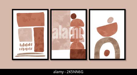 Geometrische Formen Der Mitte Des Jahrhunderts. Minimalistische Wandkunst in orange, beigen Farben. Einfacher Linienstil. Weiche farbige geometrische Formen, Kreise. Modern und kreativ Stock Vektor
