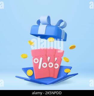 3D Geschenkbox öffnen Überraschen, Punkte sammeln Konzept, Treueprogramm und Prämien erhalten Stock Vektor